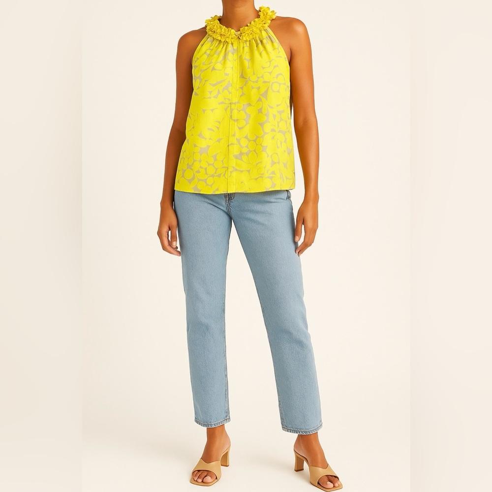 J. Crew 100% Silk Yellow Gray Halter Sleeveless Blouse Top XS